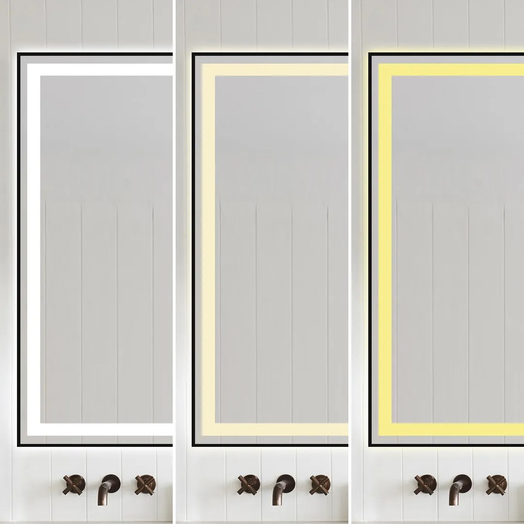 Oglindă Baie LED și Dezaburire Elit's Premium cu Senzor Touch, Lumina Rece, Caldă și Neutră, 120x80 cm, cu rama Negru Antichizat, Ceas