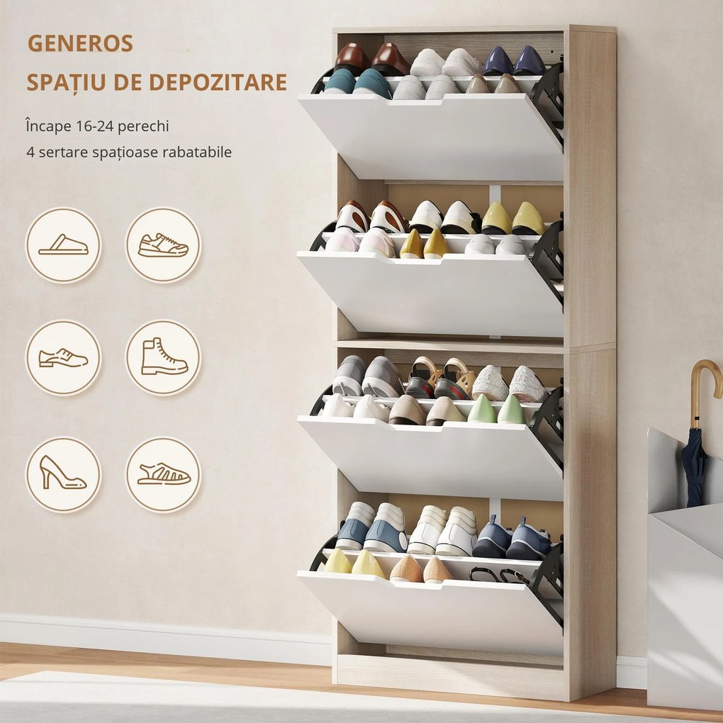 HOMCOM Dulap Subțire pentru Pantofi cu 4 Sertare pentru 16 de Perechi de Pantofi 62.5x26x156 cm, Culoare Lemn și Alb | Aosom Romania
