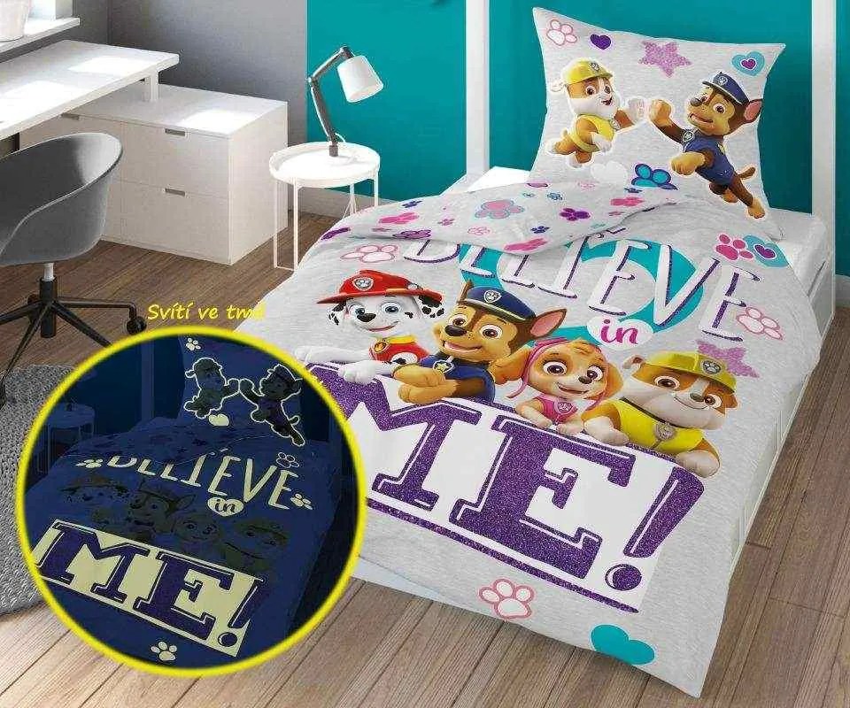 Lenjerie de pat luminoasa PAW PATROL Believe me gri Dimensiune lenjerie de pat: 70 x 80 cm | 140 x 200 cm