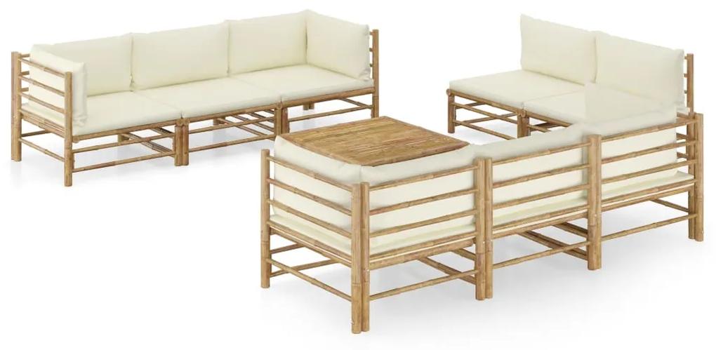 3058211 vidaXL Set mobilier de grădină, cu perne alb crem, 9 piese, bambus