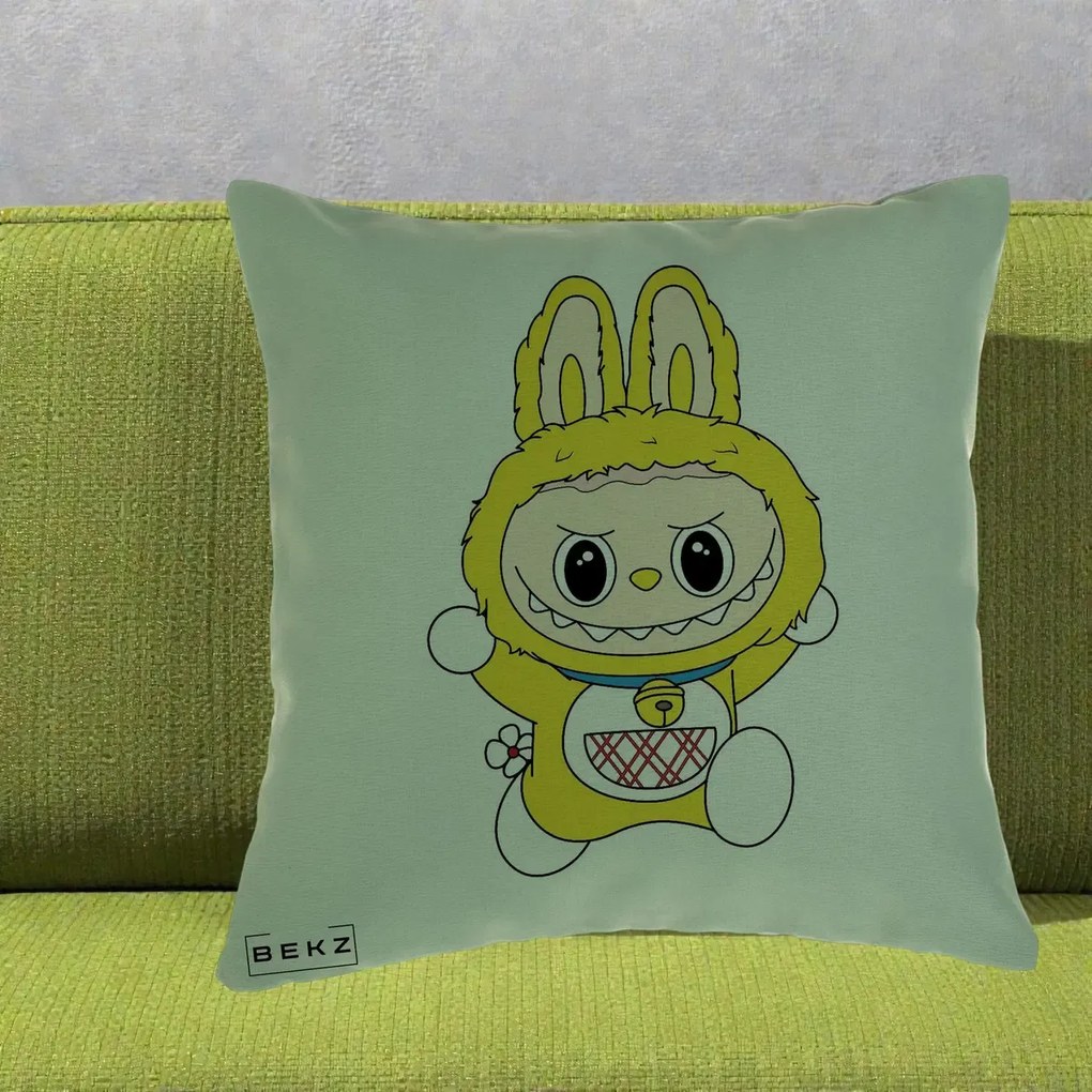 Perna Personalizata Labubu Galben Doraemon, 40x40 cm, Verde, Husa Detasabila, Perna Inclusa, BEKZ®