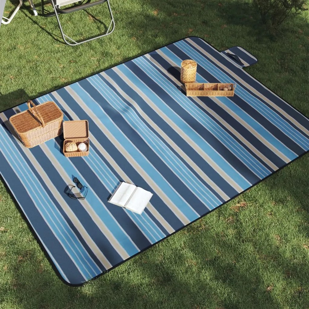 Patura picnic pliabila, dungi albastre alb, 200x150 cm catifea