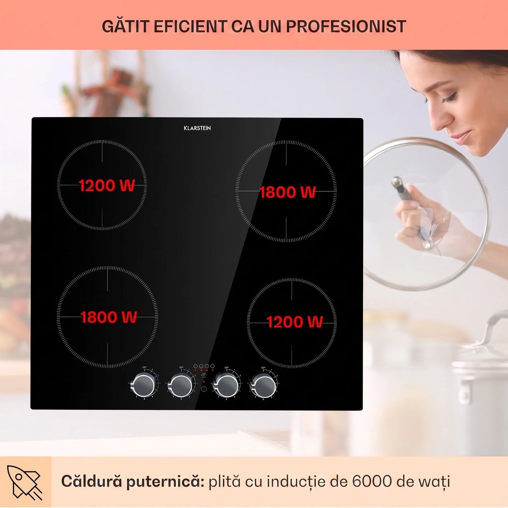 Klarstein Kochheld, plită cu inducție cu 4 zone, 6000 W, butoane rotative, sticla, negru