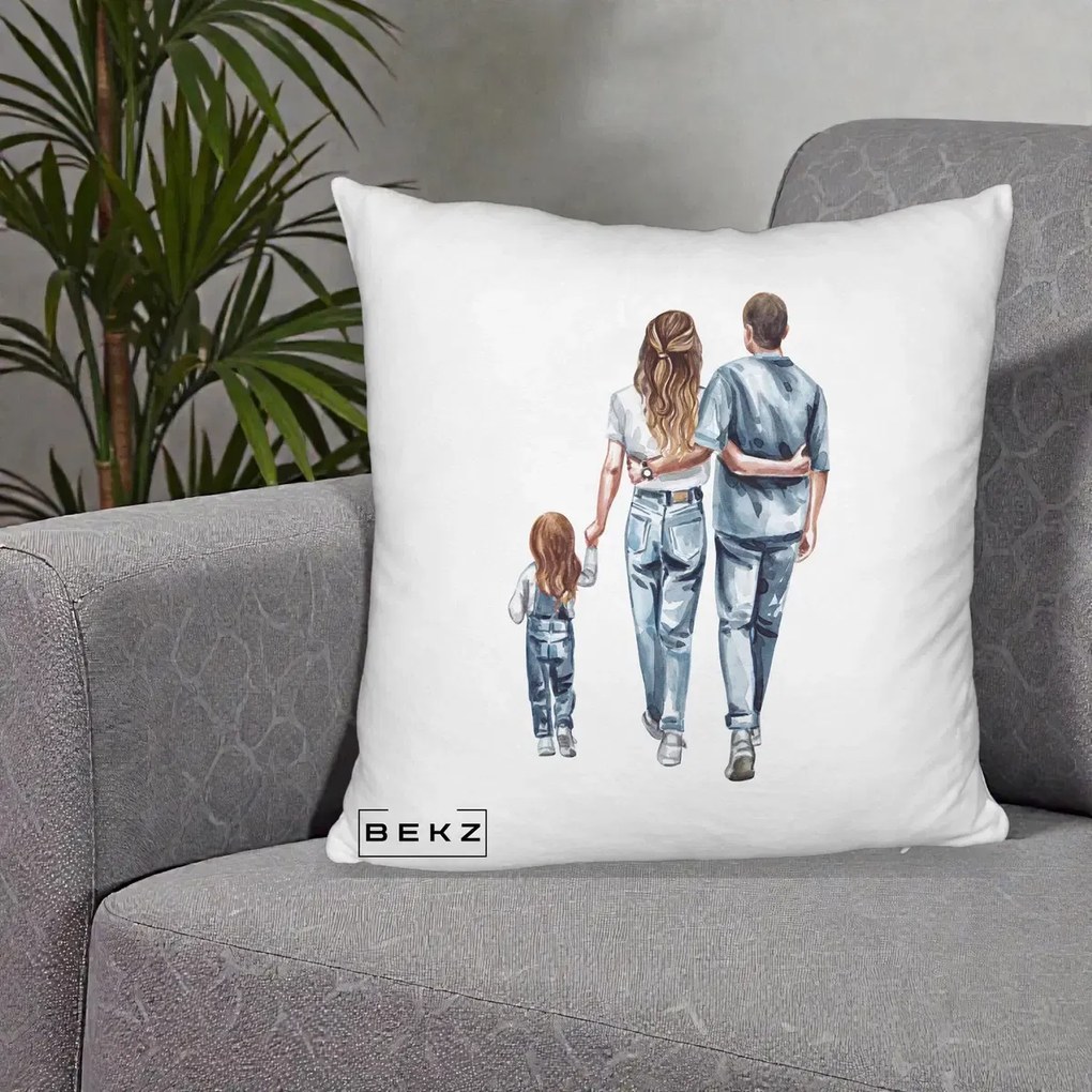 Cadou pentru Familie - Perna Personalizata Familie Acuarela Jeans, 40x40 cm, Alb Pufos, Husa Detasabila, Perna Inclusa, BEKZ®