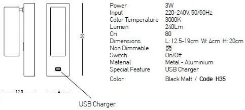 Aplica moderna cu spot LED directionabil USB Charger Hotel negru