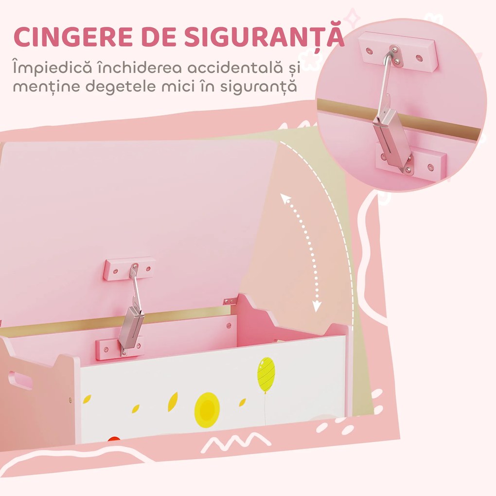 AIYAPLAY Ladă de depozitare pentru jucării cu balamale de siguranță din lemn pentru copii, Roz | Aosom Romania