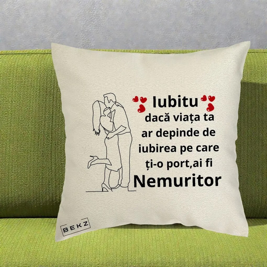 Cadou pentru Iubit - Perna Personalizata Iubitu Nemuritor cu Cuplu Line-Art si Inimi Rosii, 40x40 cm, Ecru, Husa Detasabila, Perna Inclusa, BEKZ®