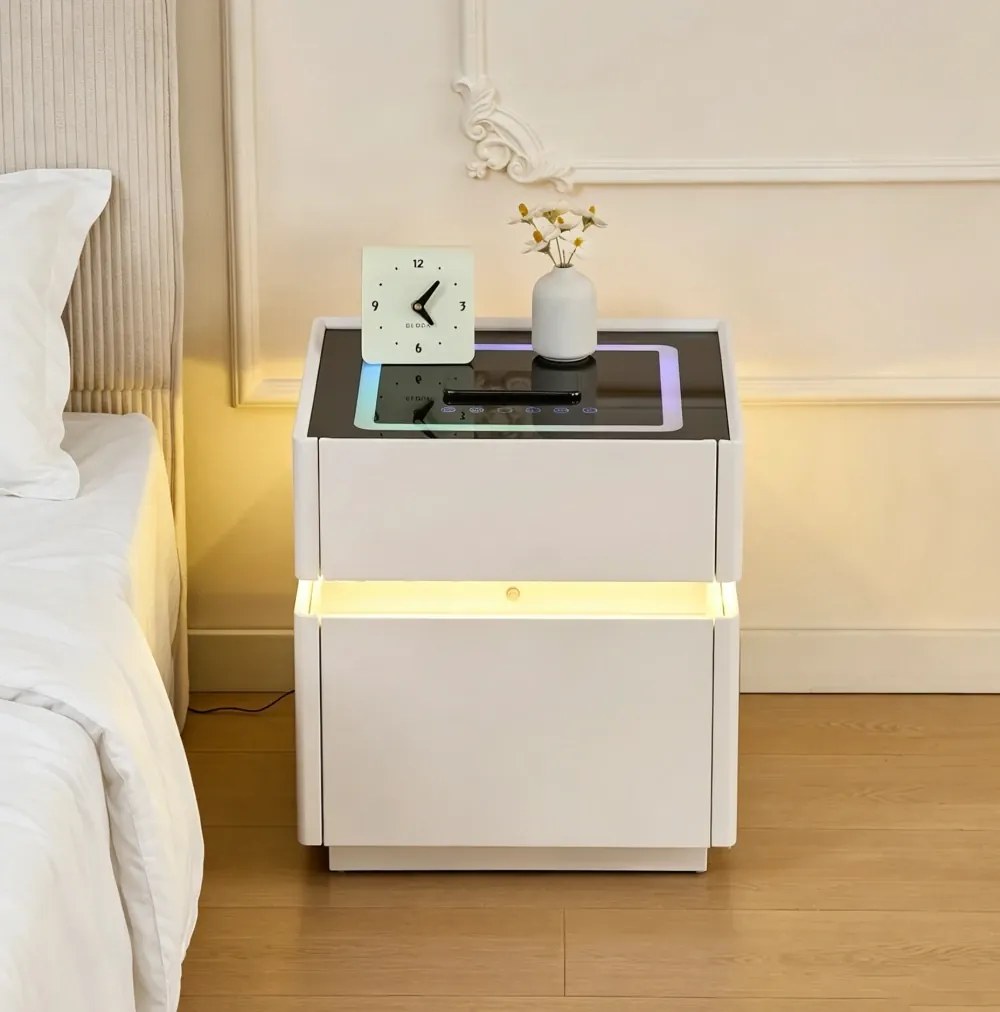 LUNÉA — Noptieră inteligentă cu seif integrat, încărcare wireless, Bluetooth Stereo, iluminare RGB, USB + Type-C și senzor de mișcare, Alb