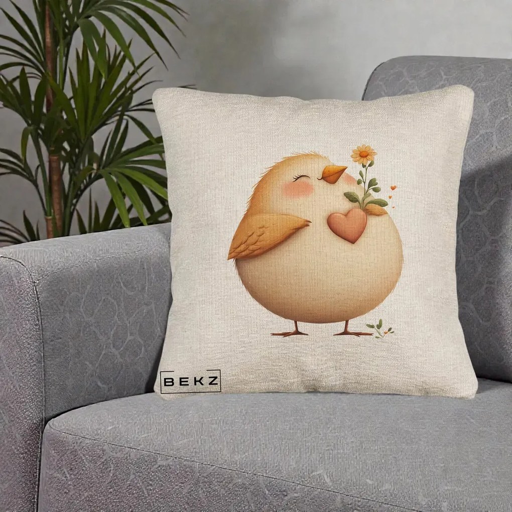 Perna Decorativa Pui cu Inima si Floarea-Soarelui, 40x40 cm, Bej Canapea, Husa Detasabila, Perna Inclusa, BEKZ®