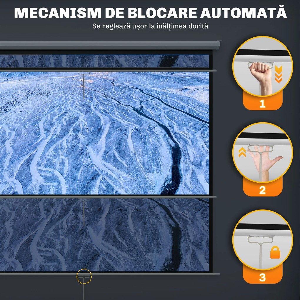 HOMCOM Ecran de Proiecție 84 Inch Format 4:3, Ecran Rulabil cu Unghi de 160° și Montare pe Tavan sau Perete, 181x8x138 cm, Alb | Aosom Romania