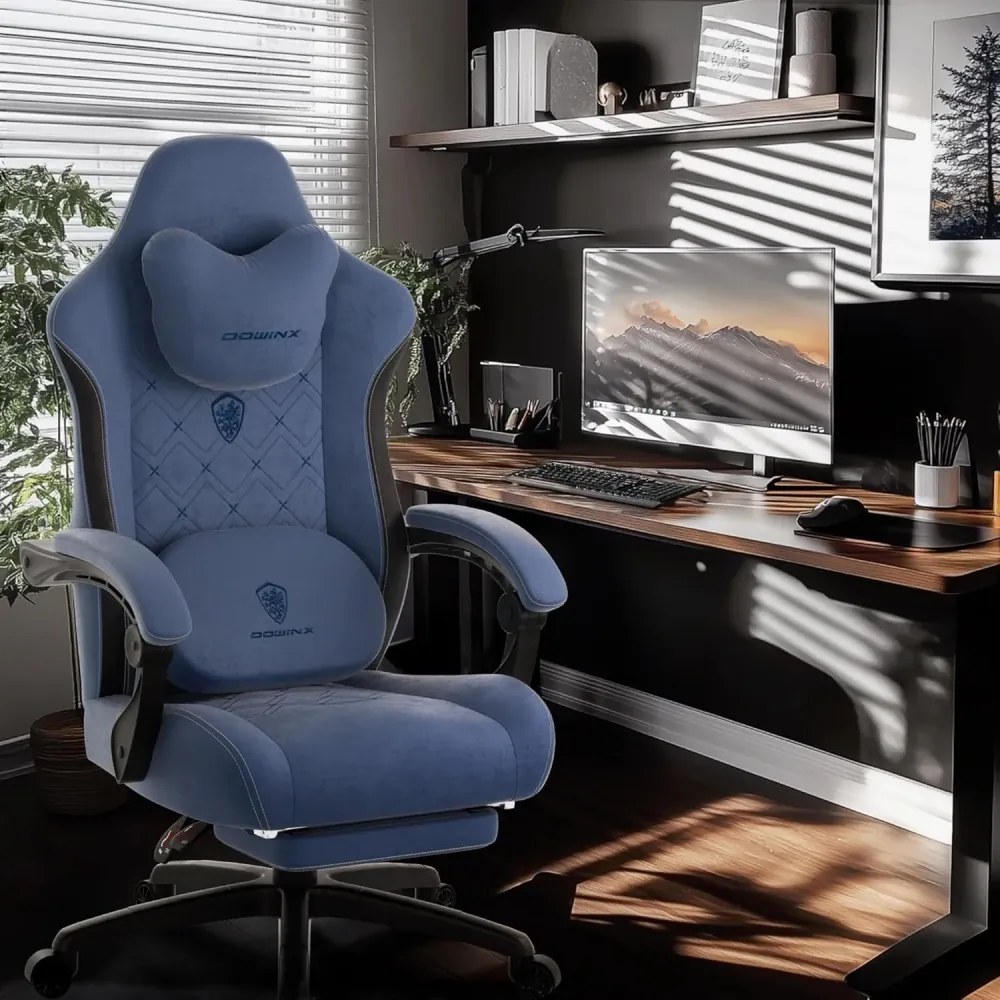 DOWINX Scaun gaming, ergonomic, Incalzire si Masaj cu Role in perna lombara, Șezut cu Arcuri Metalice și Spumă, rabatabil 90°-135°, Suport picioare, rezistent 150 kg, material textil, Albastru