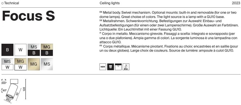 Aplica de perete / tavan directionabila design tehnic Focus S argintiu mat