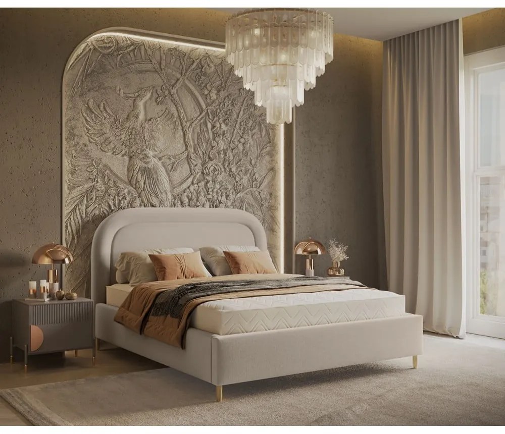 Pat matrimonial bej tapițat cu spațiu de depozitare cu somieră 140x200 cm Mija – Maison de Rêve