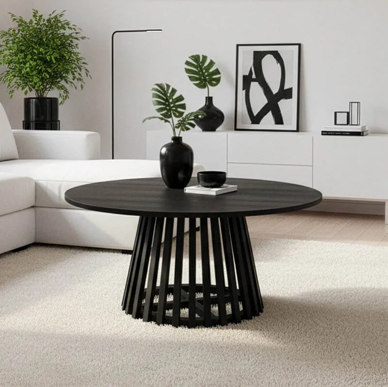 Masuta Rotunda Cafea Radius Lemn Masiv Acacia Finiaj Negru, Diametru 80 Cm