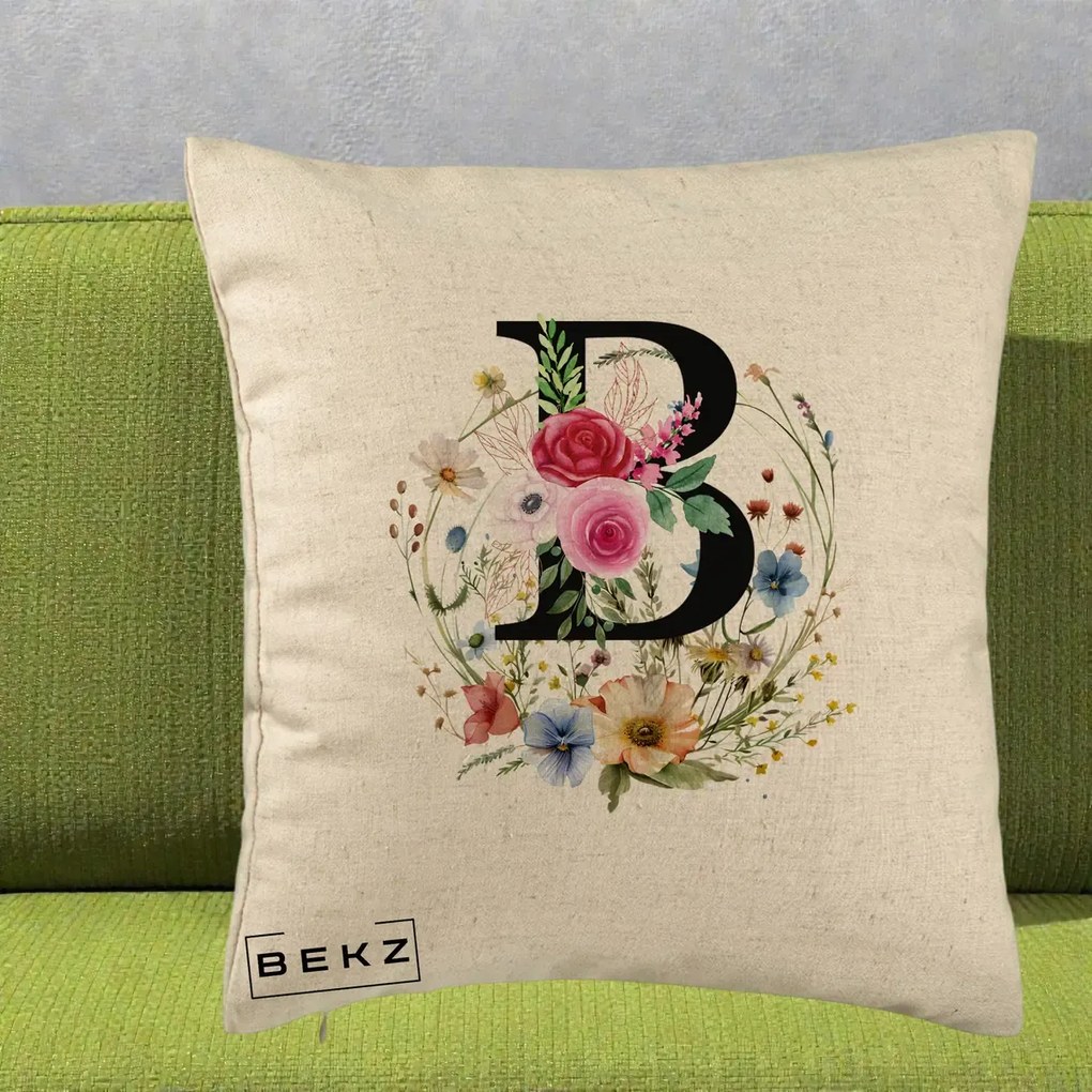 Cadou Personalizat - Perna Personalizata Monogram Litera B cu Flori Acuarela, 40x40 cm, Bej, Husa Detasabila, Perna Inclusa, BEKZ®