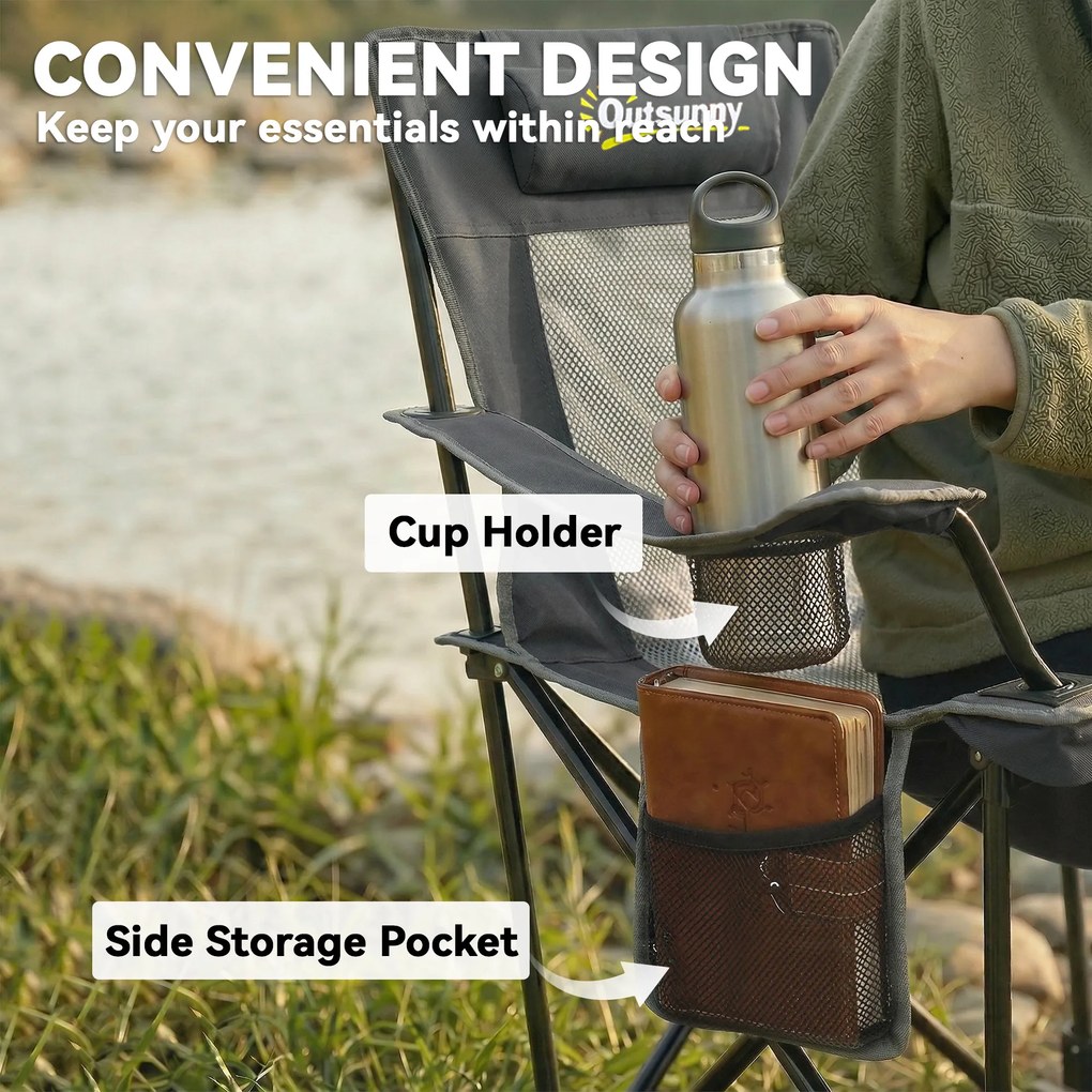 Outsunny Set de 2 scaune camping pliabile, scaun pescuit cu spătar reglabil, suport picioare, suport băuturi, pernă cap, Gri închis | Aosom Romania