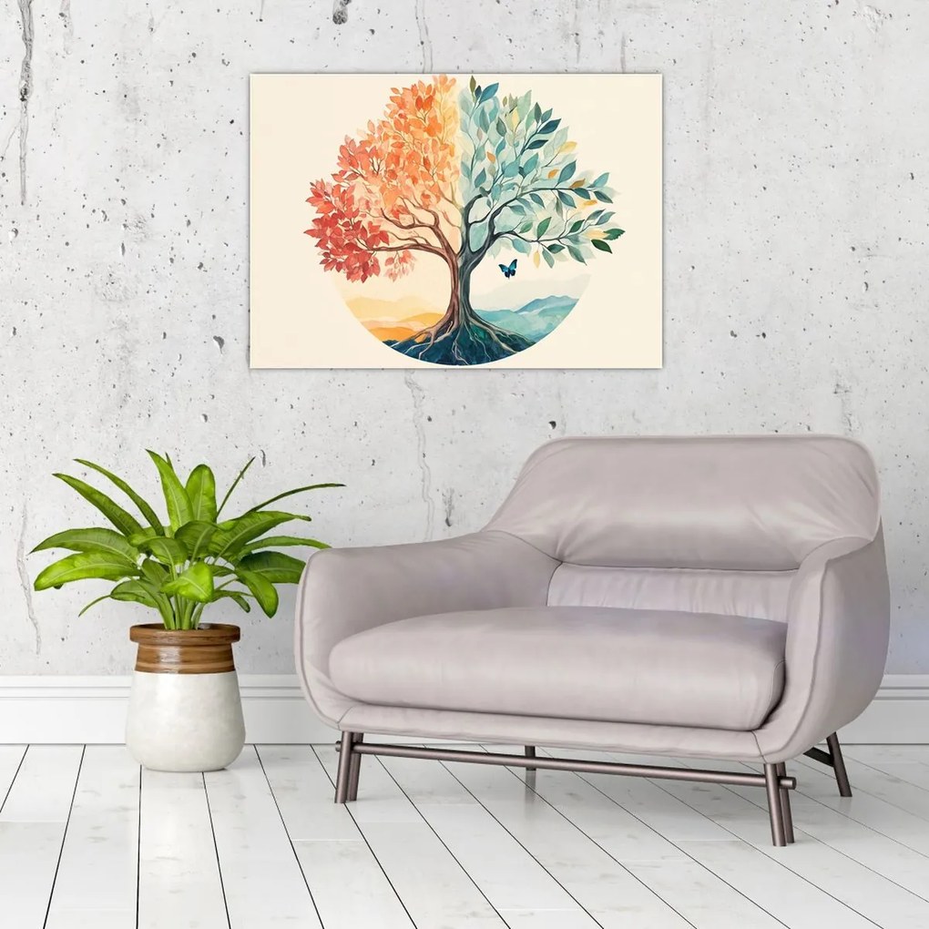 Tablou pe sticlă – Arbore dual cu fluture (70x50 cm)