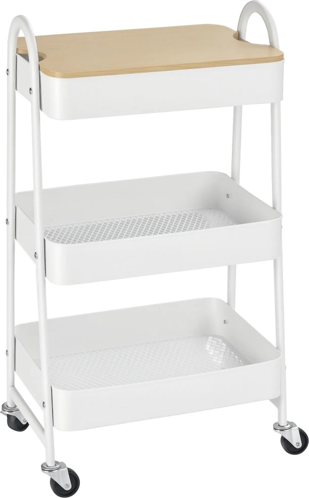 HOMCOM Carucior de depozitare din otel cu rotile cu 3 nivele, raft MDF, manere dim. 45L x 31l x 79.4H cm | Aosom Romania