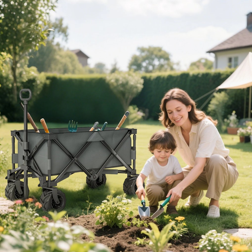 Outsunny Cărucior de Grădină cu Mâner Telescopic, Cărucior Metalic cu Spațiul de Depozitare din Material Oxford, 108x55 cm, Gri