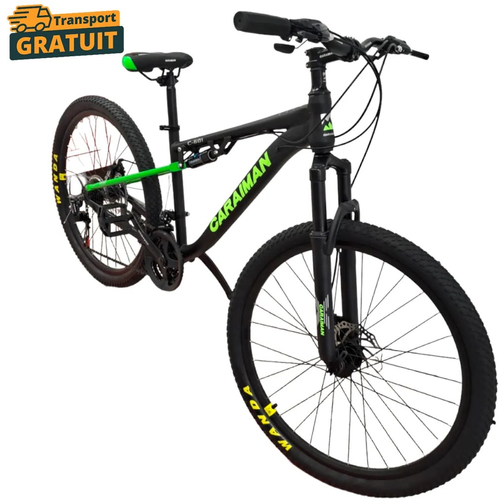 Bicicleta Caraiman, roti 24 sau 26 inch, cu dubla suspensie, frane pe disc, negru cu verde, BC78