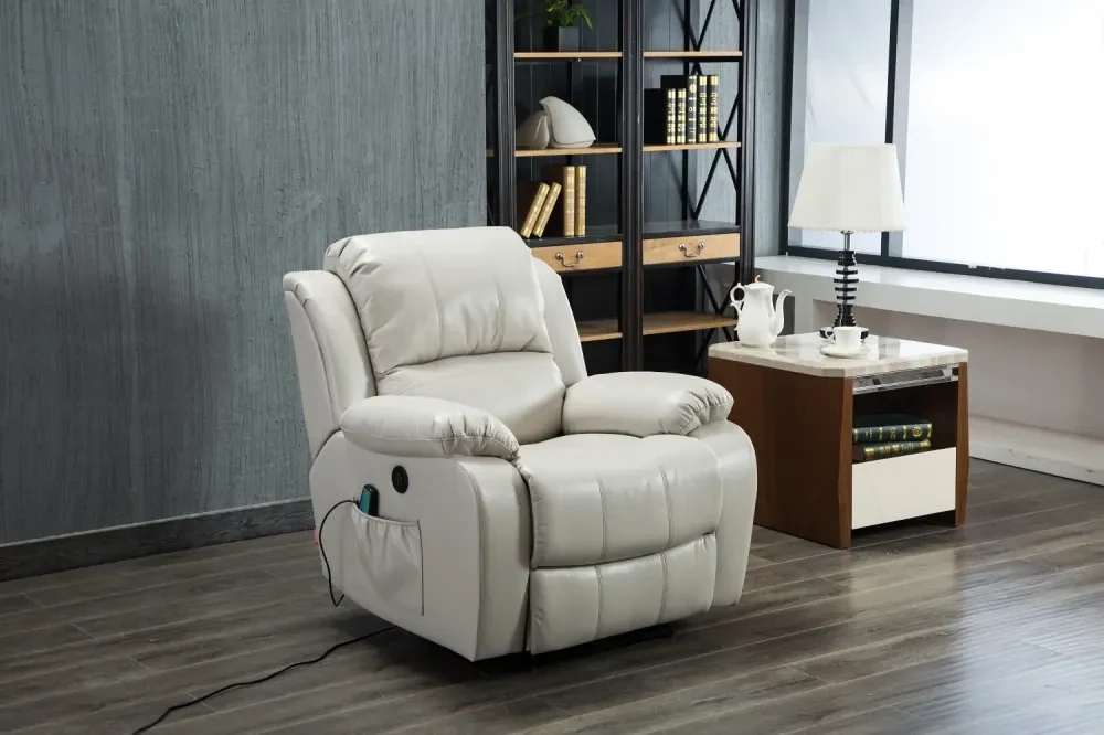 Fotoliu Masaj si Incalzire, Recliner, suport picioare extensibil, Air PU Premium, Bej