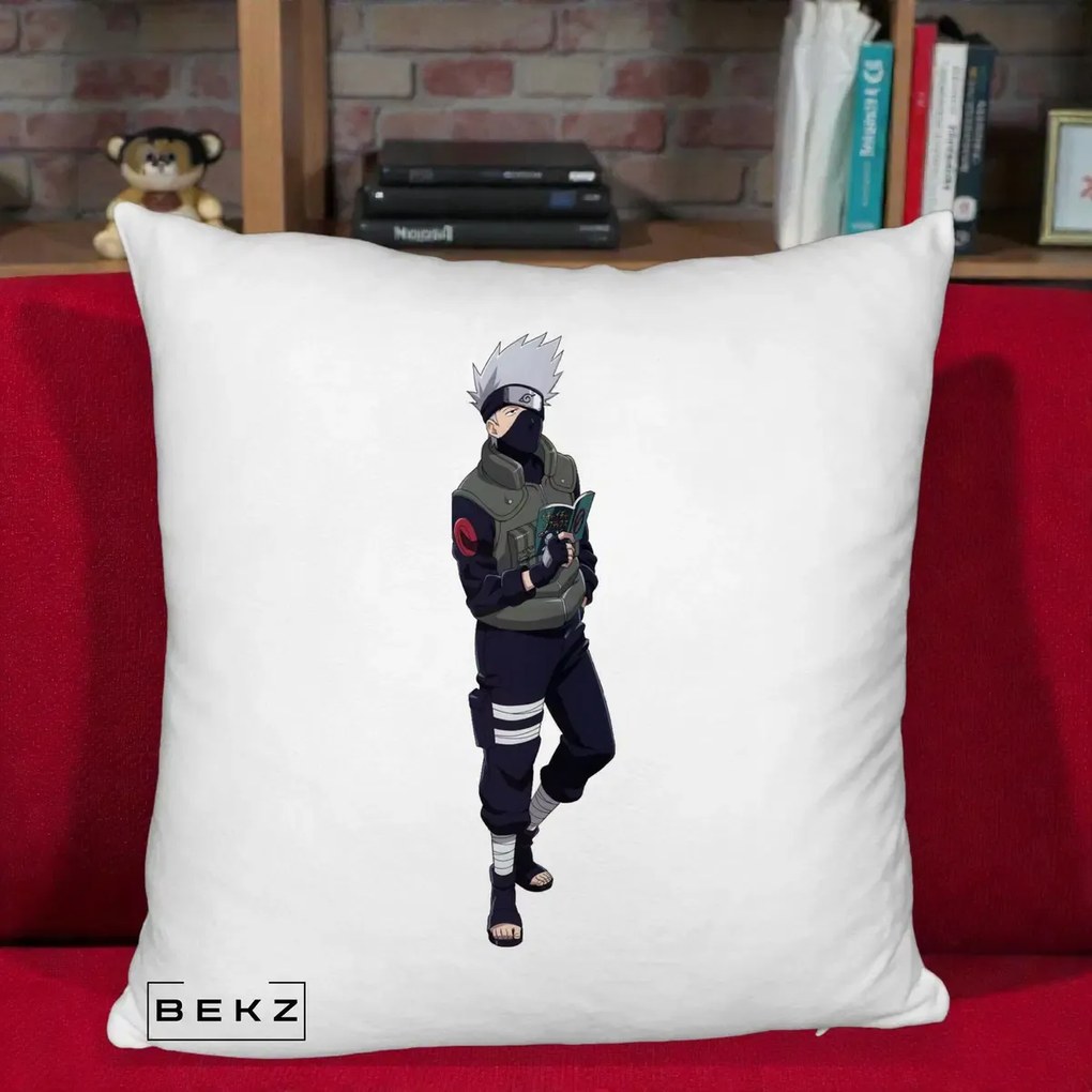 Perna Personalizata Naruto Kakashi Hatake Portret Complet, 40x40 cm, Alb Pufos, Husa Detasabila, Perna Inclusa, BEKZ®