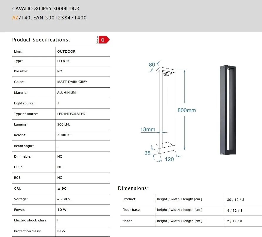 Stalp de exterior CAVALIO 80 IP65 3000K gri inchis