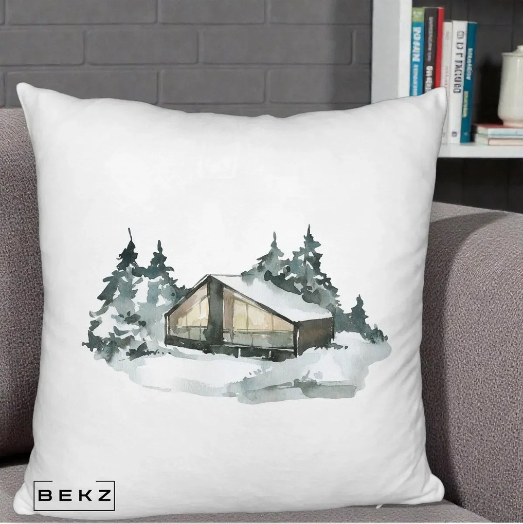 Perna Decorativa Cabana de Iarna in Padure, 40x40 cm, Alb Pufos, Husa Detasabila, Perna Inclusa, BEKZ®