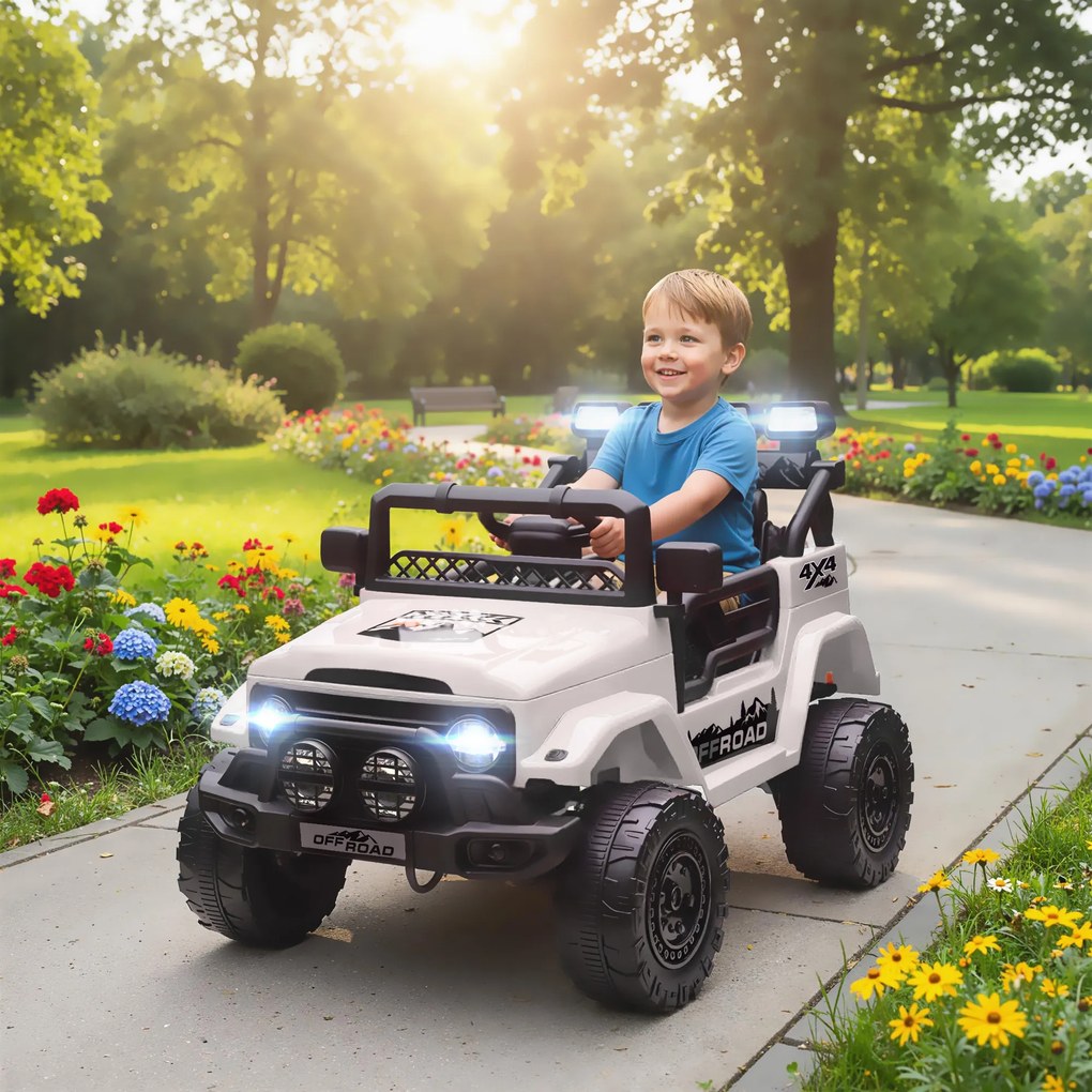 AIYAPLAY Off-road pentru Copii cu Faruri, Claxon, Centură și Telecomandă, în PP și Metal, 99x66x68.5 cm, Alb | Aosom Romania