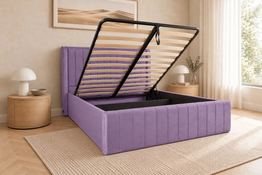 Pat tapițat din catifea Aurelia Simple 120×200 cm, lila, cu ladă de depozitare