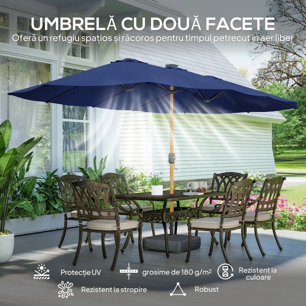 Outsunny Umbrelă Dublă de Grădină 4.7x2.8 m, Umbrelă de Exterior cu Manivelă, Bază Cruce, Saci de Nisip, Husă de Protecție, 12 Spițe, Anti-UV, pentru Terasă și Balcon, Albastru Închis | Aosom Romania