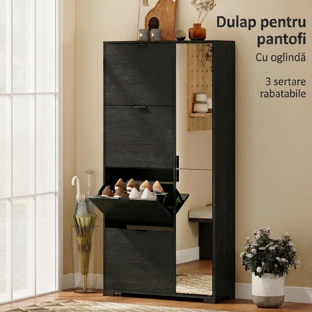 HOMCOM Dulap Pantofi cu Oglindă, 4 Sertare Rabatabile, Dulap de Hol, 82 x 30 x 168 cm, Negru | Aosom Romania