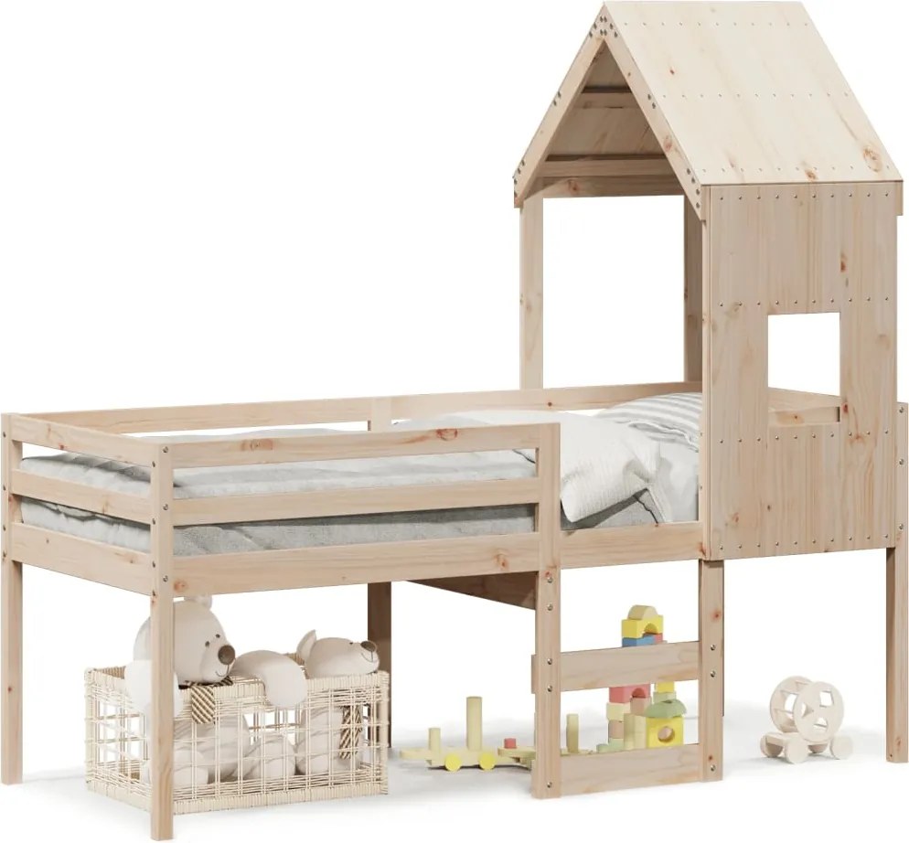 vidaXL Pat înalt cu acoperiș, 90x200 cm, lemn masiv de pin