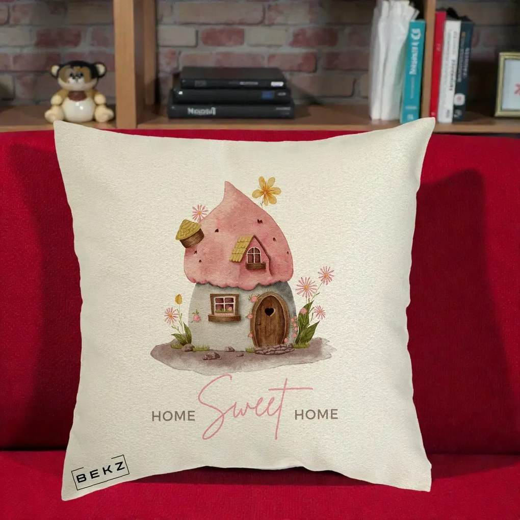Perna Decorativa Home Sweet Home Casuta, 40x40 cm, Ecru, Husa Detasabila, Perna Inclusa, BEKZ®