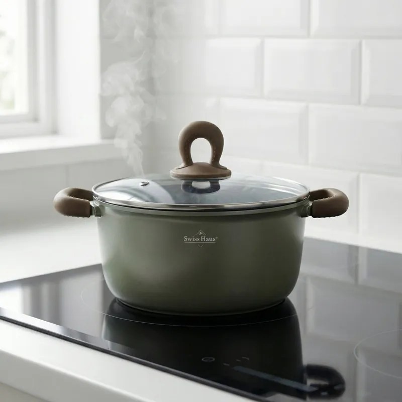 Set de oale si tigaie Swiss Haus SH-ZL3018G, 18 piese, Acoperire ceramica Sapphire, Fara PFAS, Inductie, Verde