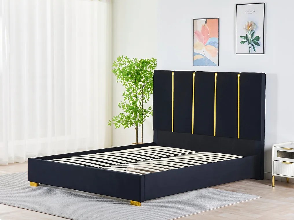 Pat Tapitat Catifea Negru 160x200 cm cu Somiera si Saltea  Inclusa ,   Cod LB-214