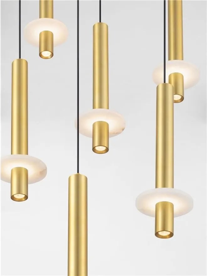 Lustra cu 7 Pendule tub subtire aluminiu auriu si alabastru LED NOEMI