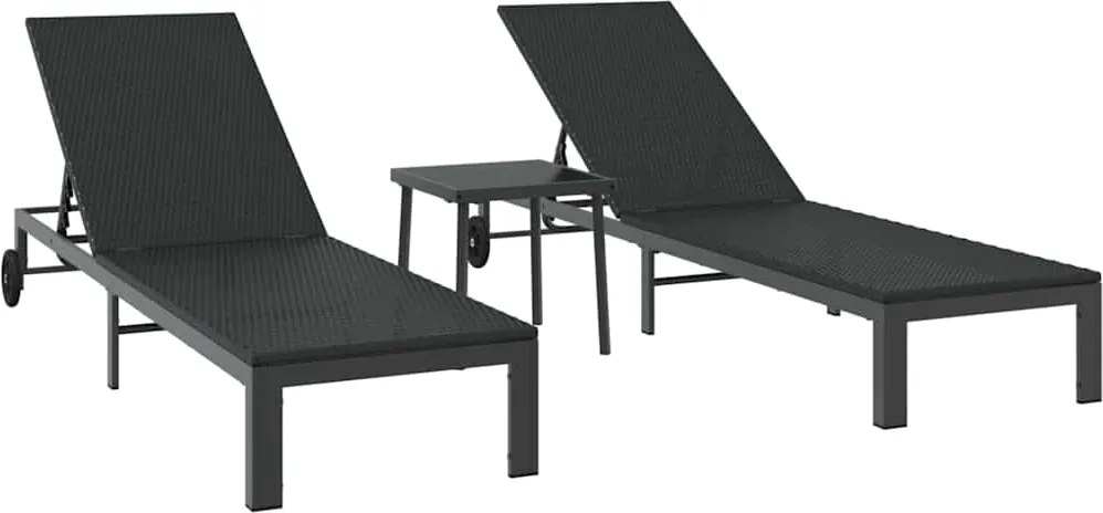 vidaXL Șezlong 2-persoană 3 pcs Negru poliratan