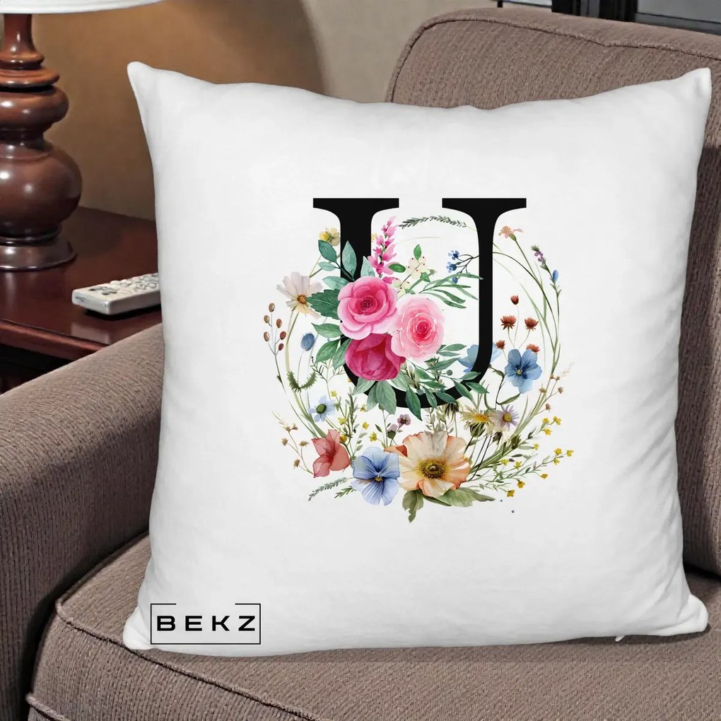 Cadou Personalizat - Perna Personalizata Monogram Litera U cu Flori Acuarela, 40x40 cm, Alb Pufos, Husa Detasabila, Perna Inclusa, BEKZ®