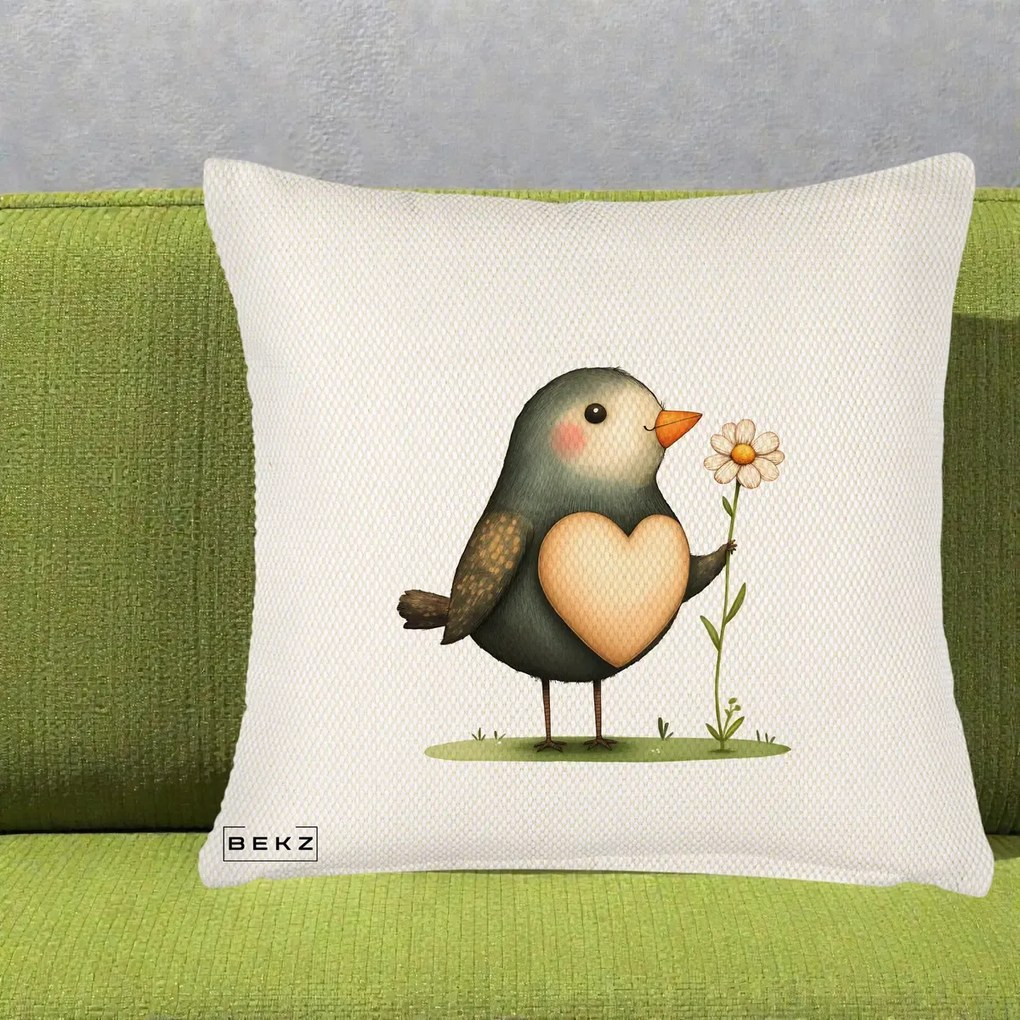 Perna Decorativa Pasare cu Inima si Margareta, 40x40 cm, Crem Reliefat, Husa Detasabila, Perna Inclusa, BEKZ®