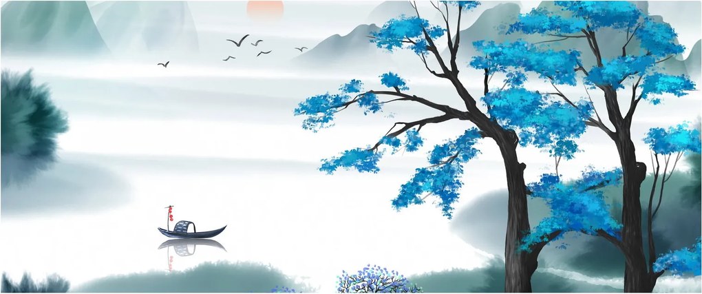 Tablou - Pictură, lac cu barcă (120x50 cm)