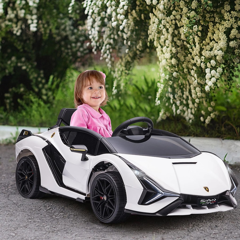 HOMCOM Mașină Electrică pentru Copii 3-5ani, Mașinuță Electrică Lamborghini cu Faruri, Muzică și Telecomandă, 108x62x40cm, Alb | Aosom Romania