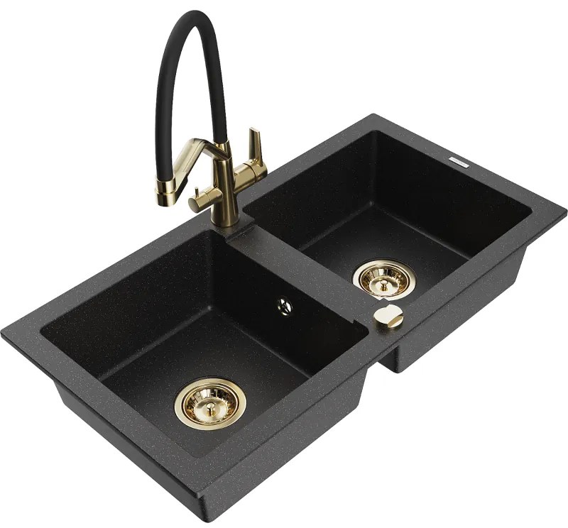 Mexen Mario chiuvetă de granit cu 2 compartimente cu baterie de bucătărie Duo, negru/metalizat argintiu - 6504-73-671701-57-G