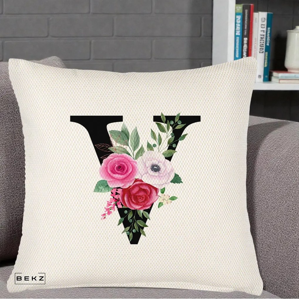 Cadou Personalizat - Perna Personalizata Monograma Florala Litera V cu Buchet, 40x40 cm, Crem Reliefat, Husa Detasabila, Perna Inclusa, BEKZ®