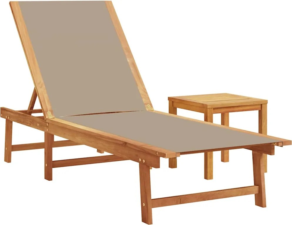 vidaXL Șezlong, gri taupe, cu masă, lemn masiv acacia și textilenă