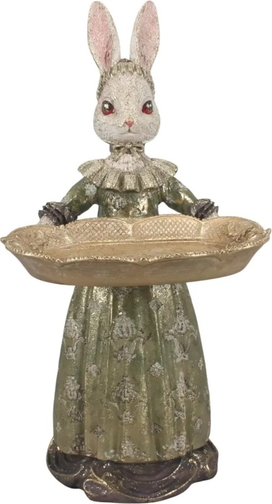 Statuetă decorativă din polirășină, verde, iepure cu tavă, 28,5 x 15,5 x 14,5 cm, „Pâquerette”