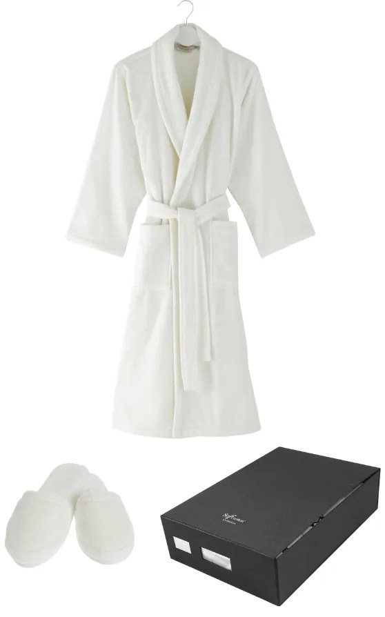 Halat unisex MICRO COTTON în cutie cadou + papuci Alb crem / Ecru S + Papuci de casa (36/38) + cutie cadou