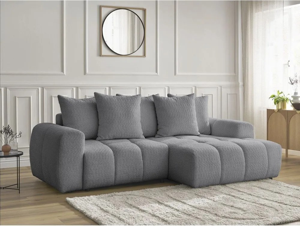 Colțar gri extensibil/cu spațiu de depozitare cu tapițerie din țesătură bouclé (cu colț pe partea dreaptă/cu șezlong) Roxelane – Bobochic Paris