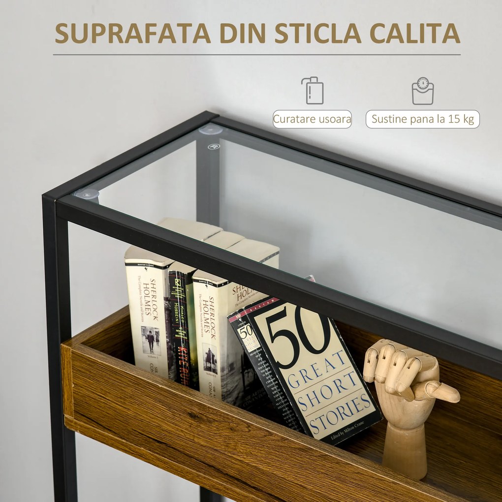 HOMCOM Masa Consola pentru Intrare in Stil Industrial, Blat din Sticla, Cadru  din Otel si Lemn, Masuta pentru Living si Sufragerie, Maro Rustic