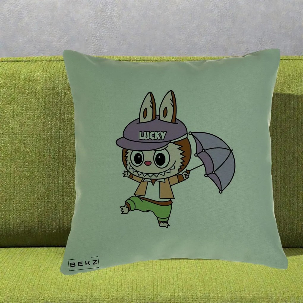 Perna Personalizata Labubu Lucky cu Umbrela, 40x40 cm, Verde, Husa Detasabila, Perna Inclusa, BEKZ®